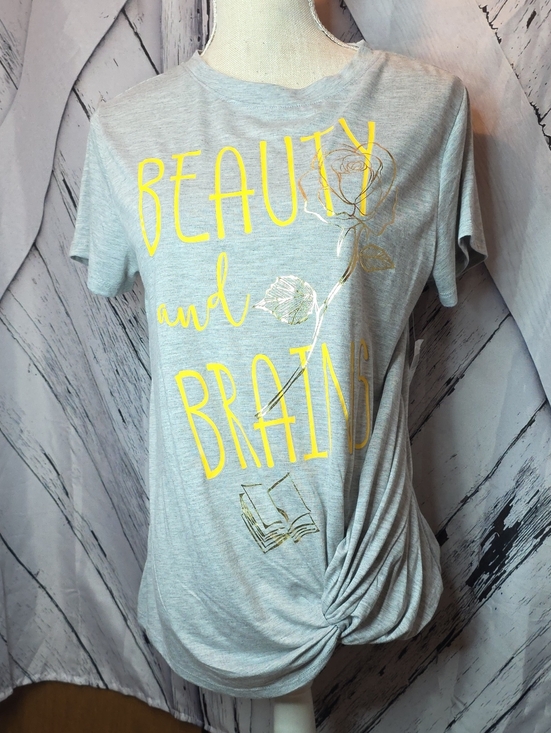 Disney Tops - Disney Parks T-Shirt "Beauty and Brains" M Last One Brushed Gray & Yellow & Foil